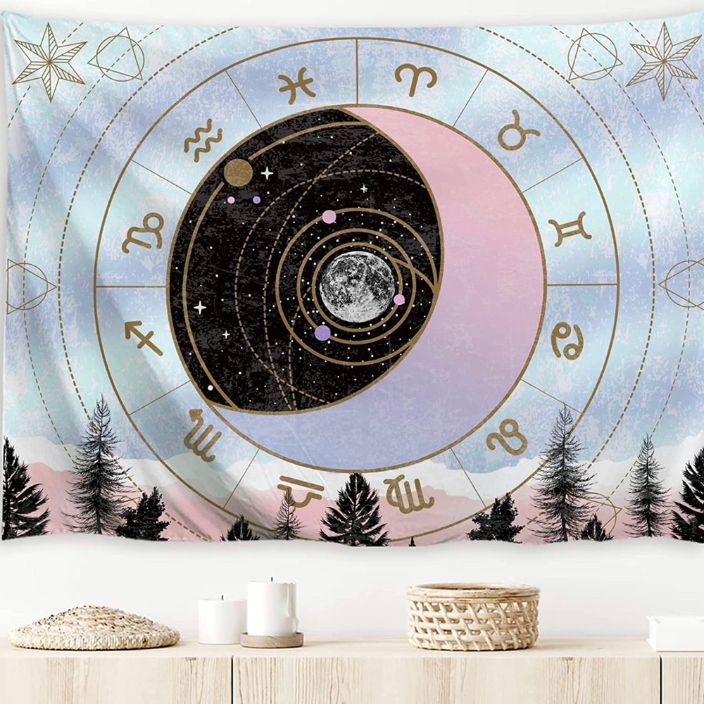 MENORCA Pink Moon Phase Constellation Wall Tapestry For Teen Bedroom Aesthetic